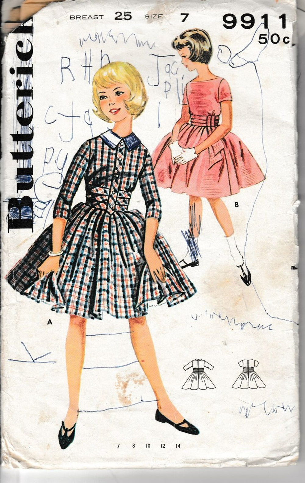 Butterick 9911 Young Girls Full Skirted Dress Vintage 1960's Sewing Pattern - VintageStitching - Vintage Sewing Patterns