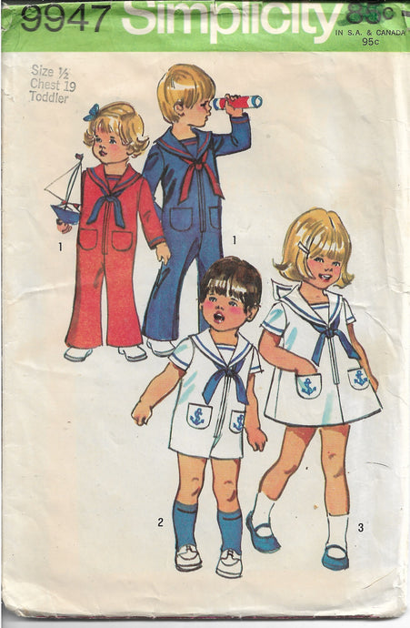 Simplicity 9947 Toddlers Bell-Bottom Jumpsuit Sailor Dress Vintage Sewing Pattern 1970s - VintageStitching - Vintage Sewing Patterns