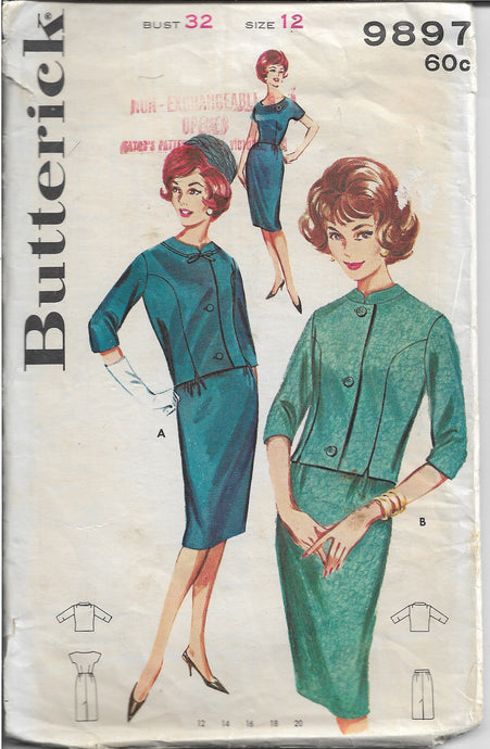 Butterick 9897 Vintage 1960s Sewing Pattern Ladies Dress Jacket Sheath Skirt - VintageStitching - Vintage Sewing Patterns