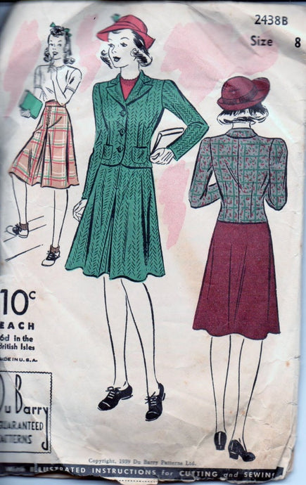 Du Barry 2438B Girls Two Piece Suit Jacket Skirt Vintage 1930's Sewing Pattern - VintageStitching - Vintage Sewing Patterns