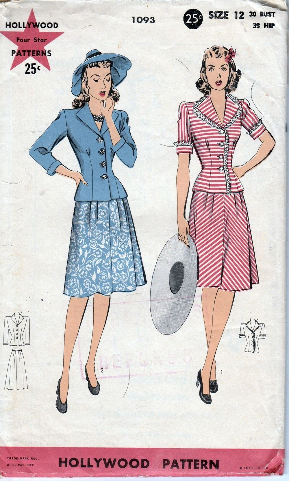 Hollywood 1093 Vintage 1940's Sewing Pattern Ladies Two Piece Dress Suit Shaped Revers - VintageStitching - Vintage Sewing Patterns