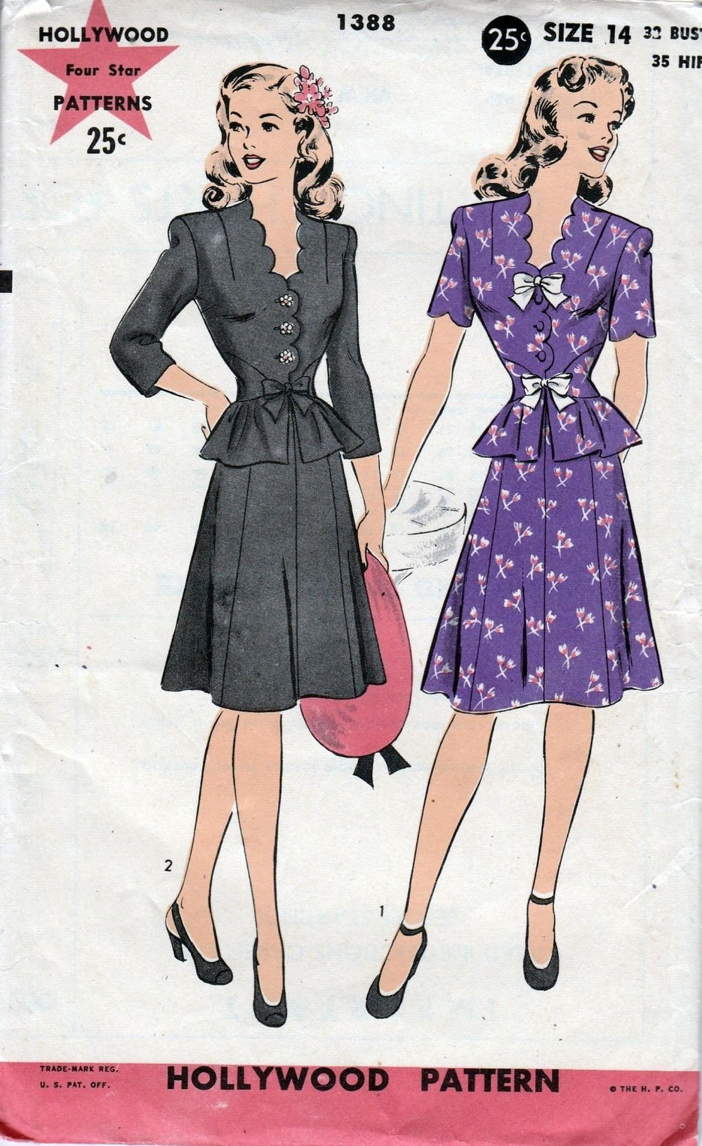 Hollywood 1388 Vintage 1940's Sewing Pattern Ladies Suit Dress Peplum Scallop Detail - VintageStitching - Vintage Sewing Patterns