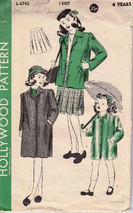 Hollywood 1507 Young Girls Raincoat and Pleated Skirt Vintage Sewing Pattern 1940's - VintageStitching - Vintage Sewing Patterns