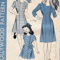 Hollywood 1510 Young Girls Side Buttoned Dress Vintage Sewing Pattern 1940's - VintageStitching - Vintage Sewing Patterns