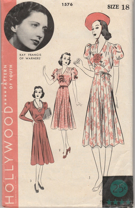 Hollywood 1576 Ladies One-Piece Frock Dress Vintage 1930's Sewing Pattern Kay Francis - VintageStitching - Vintage Sewing Patterns