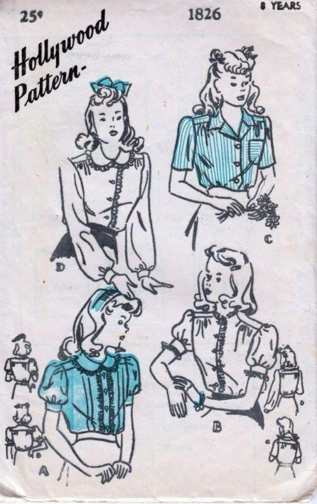 Hollywood 1826 Young Girls Front Closing Blouse Vintage 1940's Sewing Pattern 4 Styles - VintageStitching - Vintage Sewing Patterns
