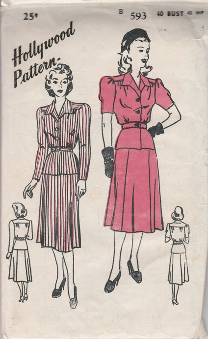 Hollywood 593 Ladies Suit Dress Two Piece Skirt Jacket Vintage 1940's Sewing Pattern - VintageStitching - Vintage Sewing Patterns