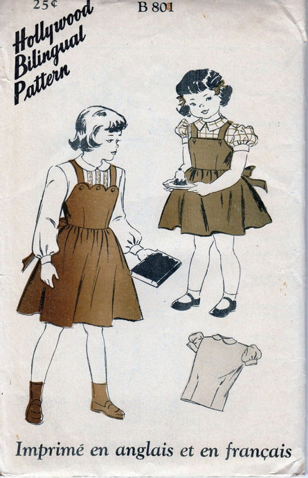 Hollywood 801 Little Girls Jumper Dress and Blouse Vintage Pattern 1940's Bilungual - VintageStitching - Vintage Sewing Patterns