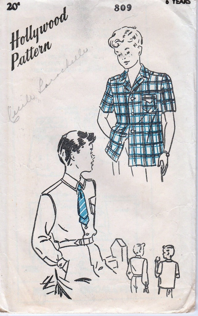Hollywood 809 Boys' Sport Shirt Vintage 1940's Sewing Pattern - VintageStitching - Vintage Sewing Patterns