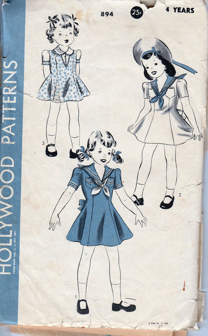 Hollywood 894 Little Girls Sailor Dress Panty Vintage 1940's Sewing Pattern - VintageStitching - Vintage Sewing Patterns