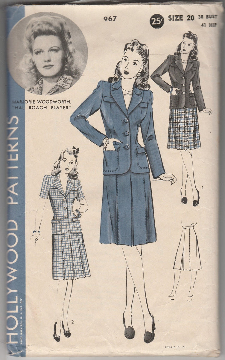 Hollywood 967 Ladies Two Piece Suit Skirt Jacket Vintage 1940's Sewing ...