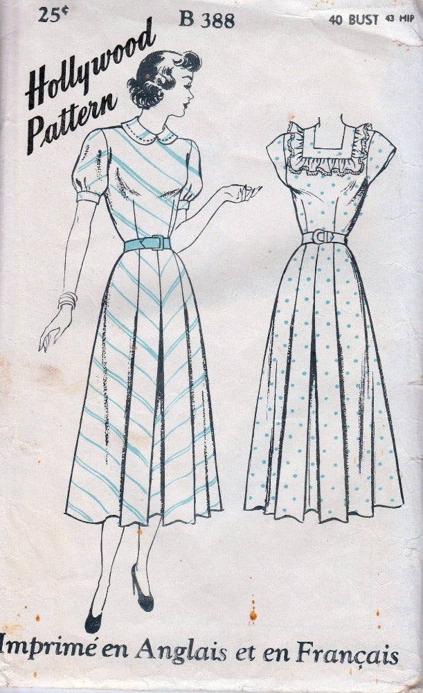 Hollywood B 388 Ladies Dress Square Neck Vintage 1930's Sewing Pattern Bilingual - VintageStitching - Vintage Sewing Patterns