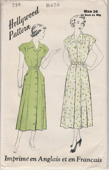 Hollywood B470 Ladies Front Closing Dress Vintage 1940's Sewing Pattern Bilingual - VintageStitching - Vintage Sewing Patterns