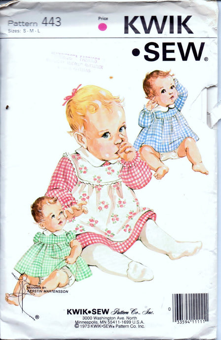 Kwik Sew 443 Infant Baby Dress Pinafore Bloomers Vintage 1970's Sewing Pattern - VintageStitching - Vintage Sewing Patterns