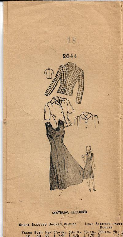 Mail Order 2044 Ladies Jumper Dress Blouse Jacket Vintage Sewing Pattern 1940s - VintageStitching - Vintage Sewing Patterns