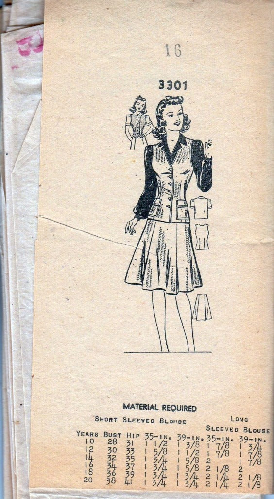 Mail Order 3301 Vintage 1940's Sewing Pattern Ladies Blouse Skirt Vest - VintageStitching - Vintage Sewing Patterns