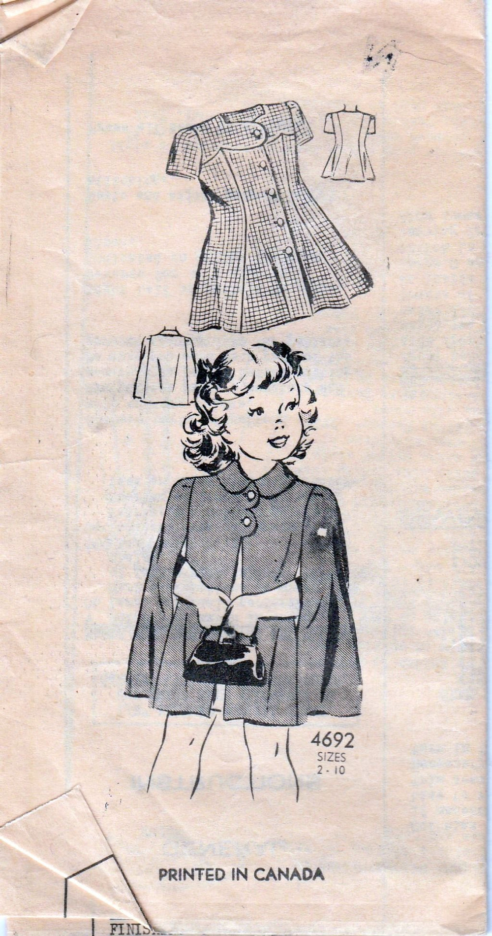 Mail Order 4692 Vintage 1940's Sewing Pattern Little Girls Dress Cape - VintageStitching - Vintage Sewing Patterns