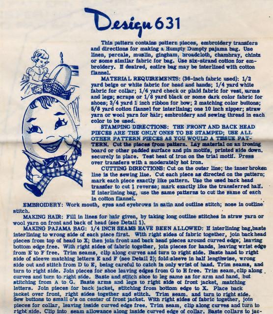 Mail Order Design 631 Humpty Dumpty Pajama Bag Vintage Pattern - VintageStitching - Vintage Sewing Patterns