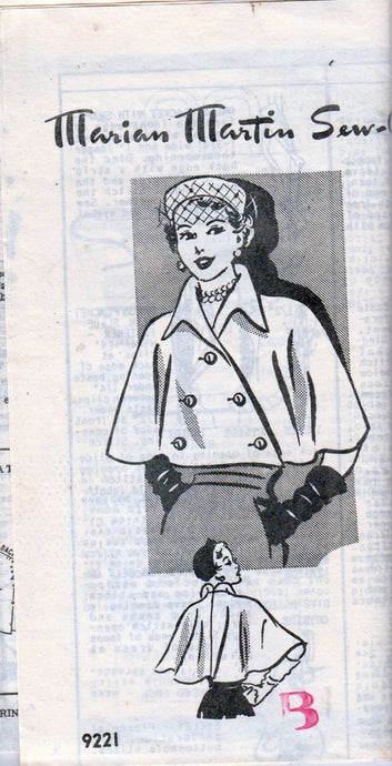 Marian Martin Mail Order Vintage 1950's Sewing Pattern Ladies Double Breasted Cape - VintageStitching - Vintage Sewing Patterns