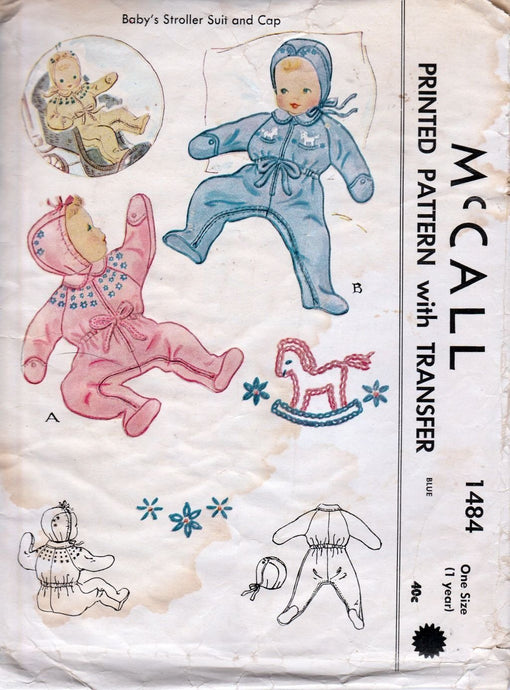 McCall 1484 Vintage 1940's Sewing Pattern Baby Toddler Romper Stroller Suit Cap Adorable - VintageStitching - Vintage Sewing Patterns