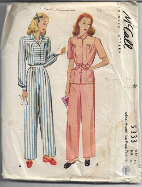 McCall 5333 Ladies Two Piece Pajamas Jacket Pants Vintage Sewing Patte VintageStitching Vintage Sewing Patterns