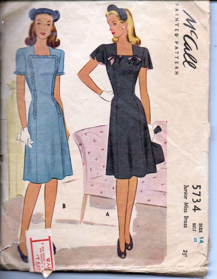 McCall 5734 Vintage 1940's Sewing Pattern Ladies Chic Day Dress Square Neck - VintageStitching - Vintage Sewing Patterns
