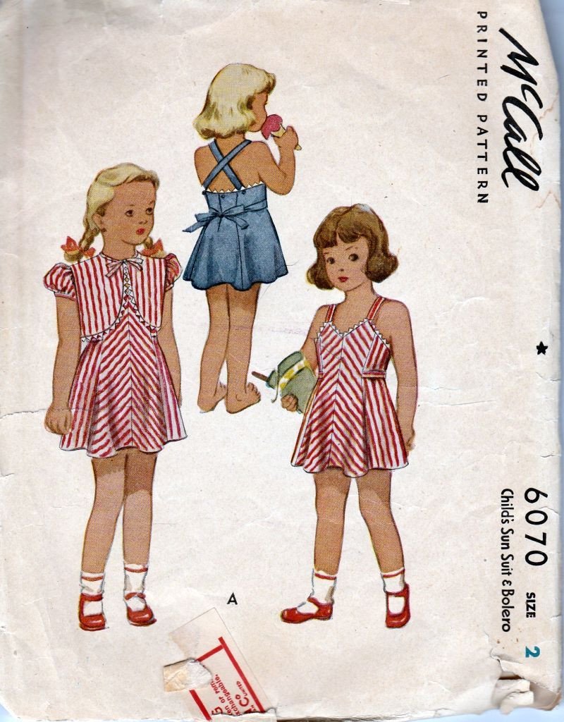 McCall 6070 Vintage 1940's Sewing Pattern Girls Toddler Sun suit Sun Dress Bolero Jacket - VintageStitching - Vintage Sewing Patterns