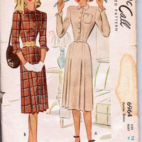 McCall 6964 Vintage 1940's Sewing Pattern Ladies Day Dress Chic Front Buttoned Rare - VintageStitching - Vintage Sewing Patterns
