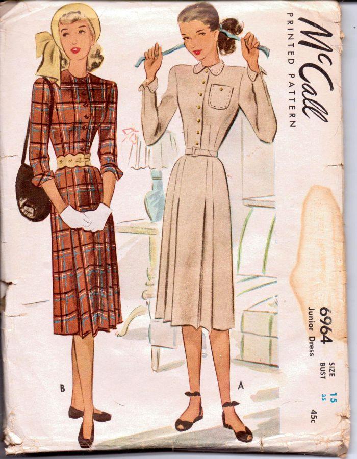 McCall 6964 Vintage 1940's Sewing Pattern Ladies Day Dress Chic Front Buttoned Rare - VintageStitching - Vintage Sewing Patterns