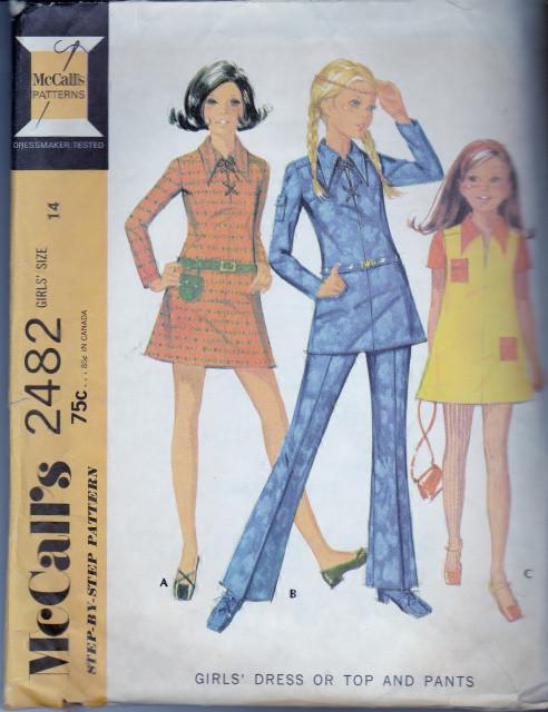 McCall's 2482 Girls Dress Top Bell Bottom Pants Side Zipper Opening Vintage 1970's Sewing Pattern - VintageStitching - Vintage Sewing Patterns