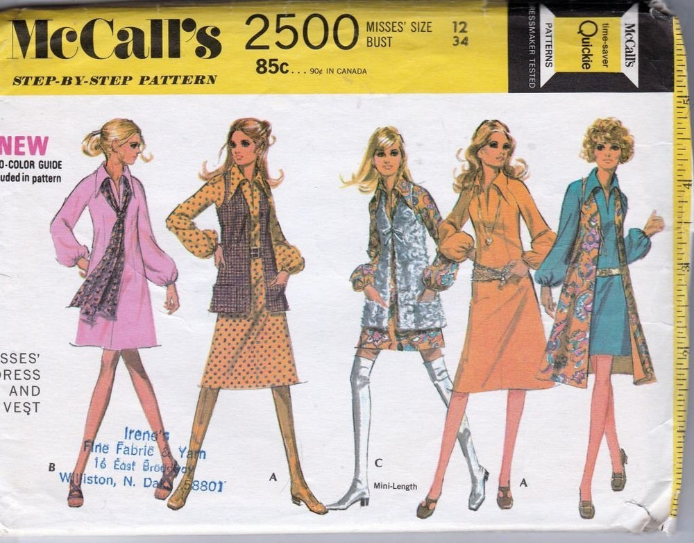 McCall's 2500 Vintage Sewing Pattern 1970's Ladies Flared Raglan Sleeve Dress Vest - VintageStitching - Vintage Sewing Patterns