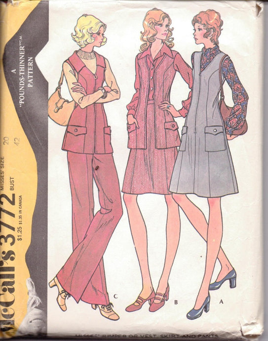 McCall's 3772 Ladies Jumper Dress Vest Skirt Pants Vintage 1970's Sewing Pattern - VintageStitching - Vintage Sewing Patterns