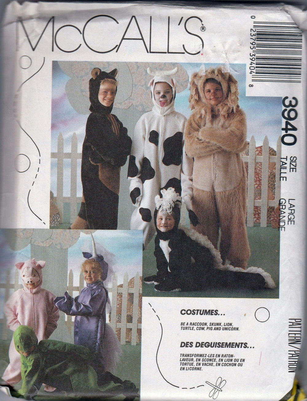 McCall's 3940 Boys Girls Lion Cow Turtle Pig Unicorn Racoon Skunk Animal Halloween Costume Pattern - VintageStitching - Vintage Sewing Patterns