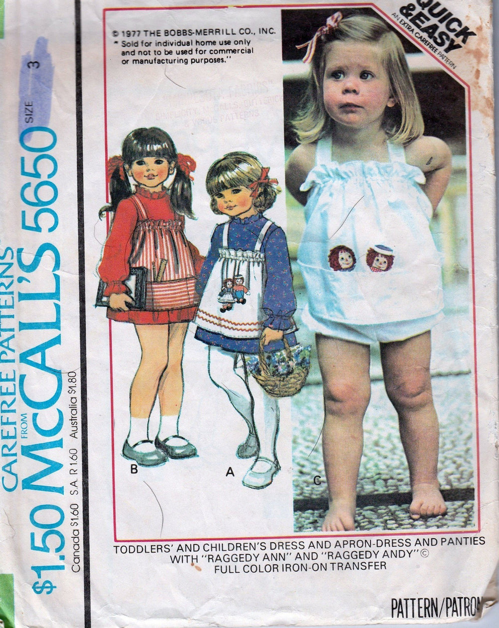 McCall's 5650 Vintage 1970's Sewing Pattern Little Girls Toddler Apron Dress Raggedy Ann Andy - VintageStitching - Vintage Sewing Patterns