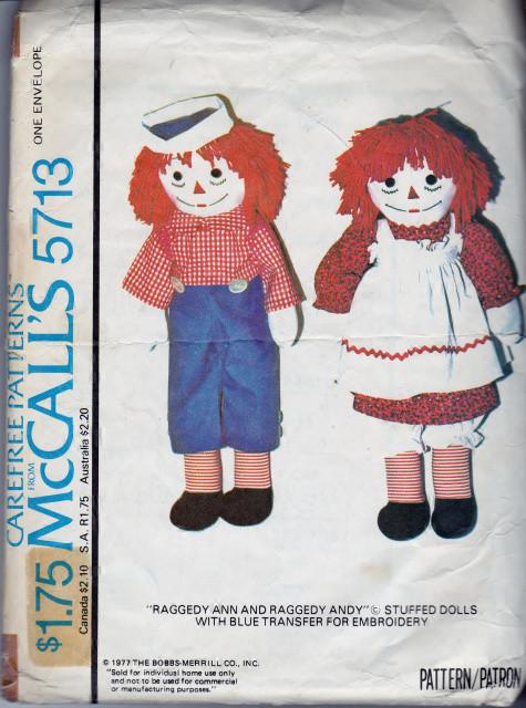 McCall's 5713 Raggedy Ann Raggedy Andy Dolls Vintage 1970's Sewing Pattern - VintageStitching - Vintage Sewing Patterns