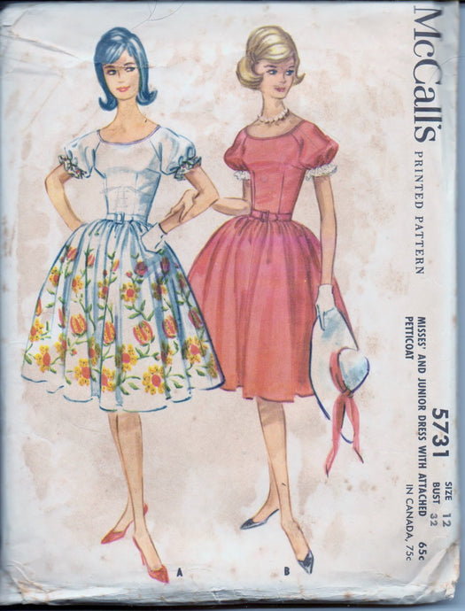 McCall's 5731 Ladies Raglan Sleeve Dress Attached Petticoat Vintage 1960's Sewing Pattern - VintageStitching - Vintage Sewing Patterns