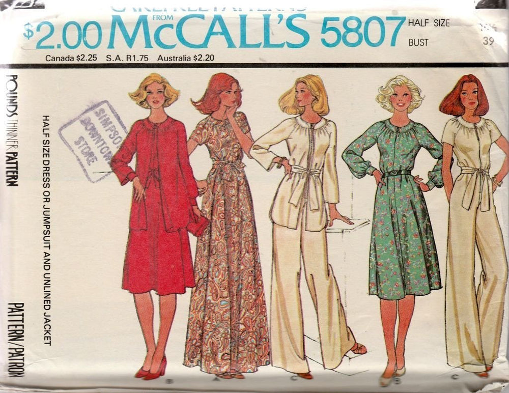 McCall's 5807 Vintage 1970's Sewing Pattern Ladies Half Size Jumpsuit Jacket Dress - VintageStitching - Vintage Sewing Patterns
