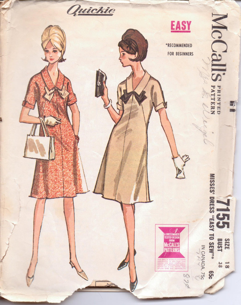 McCall's 7155 Ladies Dress Pattern French Darts Vintage 1960's Sewing Pattern Size 18 Bust 38 - VintageStitching - Vintage Sewing Patterns