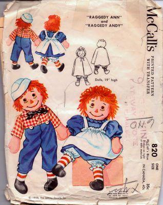 McCall's 820 Raggedy Ann Andy Stuffed Doll and Clothes Vintage 1950's Pattern - VintageStitching - Vintage Sewing Patterns