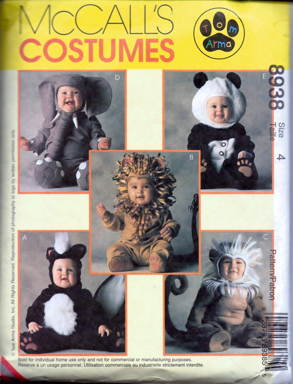McCall's 8938 Children Skunk Lion Monkey Elephant Panda Halloween Costume Pattern Boys Girls - VintageStitching - Vintage Sewing Patterns