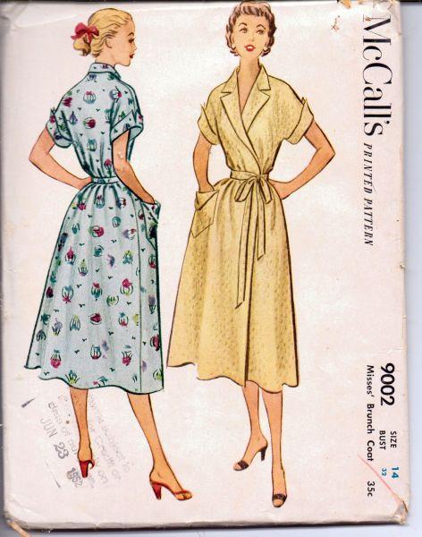 McCall's 9002 Vintage 1950's Sewing Pattern Ladies Wrap Housewife Hostess Dress Brunch Coat Robe - VintageStitching - Vintage Sewing Patterns