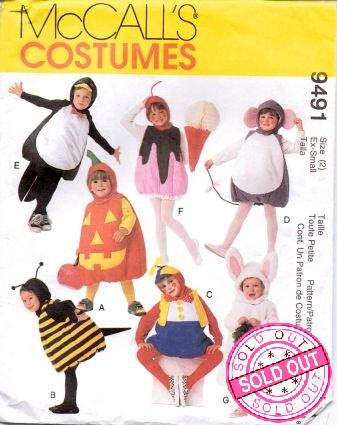 McCall's 9491 Toddlers Penguin Mouse Bunny Clown Bee Pumpkin Halloween Costume Pattern - VintageStitching - Vintage Sewing Patterns