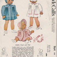 McCall's 964 Toddler Coat Hat Bonnet Vintage 1940's Sewing Pattern Little Girl Baby Infant - VintageStitching - Vintage Sewing Patterns