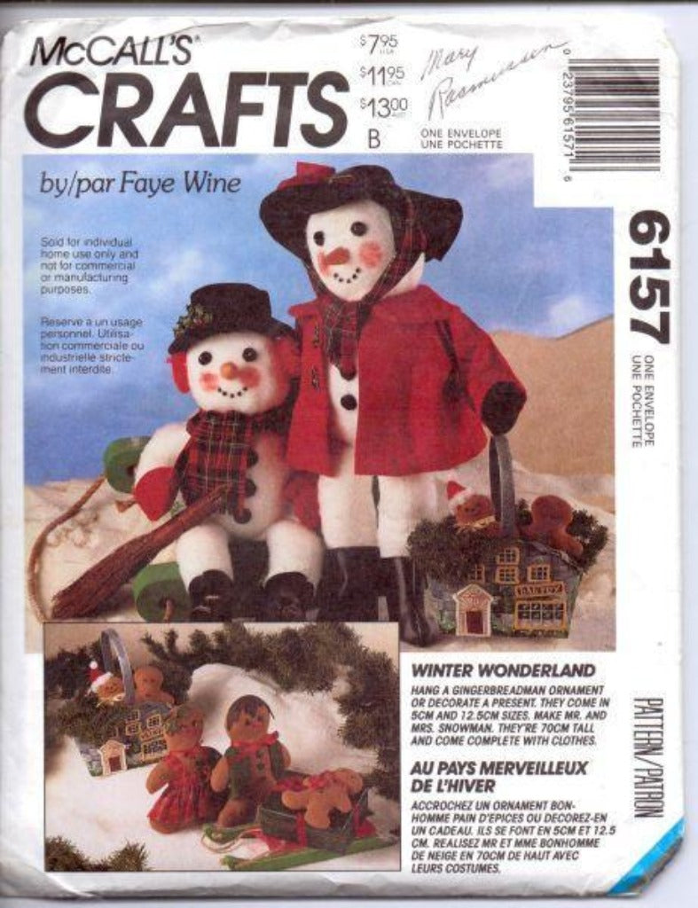 McCall's Crafts 6157 Christmas Snowman Gingerbread Man Sewing Pattern - VintageStitching - Vintage Sewing Patterns