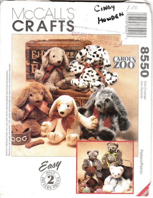 McCall's Crafts 8550  Carols Zoo Cat Puppy Dog Stuffed Animals Sewing Pattern - VintageStitching - Vintage Sewing Patterns
