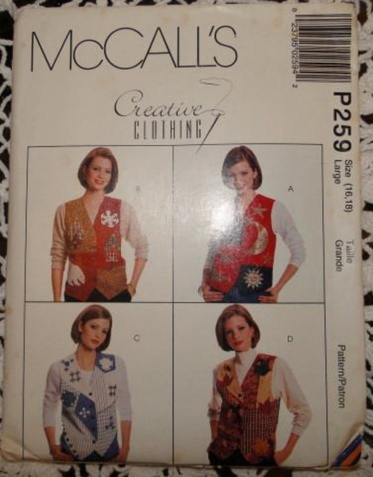 McCall's P259 Sewing Pattern Ladies Vest and Appliques 1995 - VintageStitching - Vintage Sewing Patterns