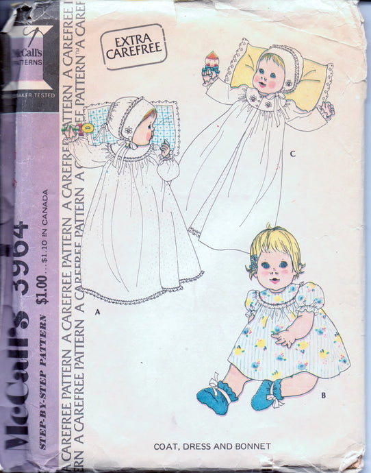 McCalls 3964 Infants Baby Dress Coat Bonnet Vintage 1970's Sewing Pattern - VintageStitching - Vintage Sewing Patterns