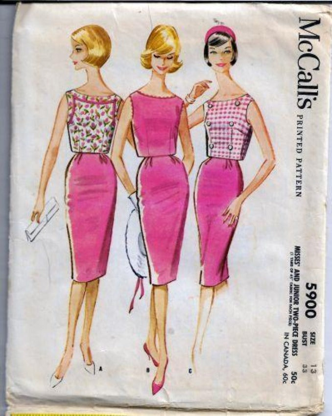 McCalls 5900 Junior Ladies Slim Skirt Short Top Two Piece Dress Vintage Pattern 1960s - VintageStitching - Vintage Sewing Patterns