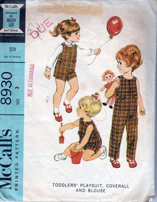 McCalls 8390 Vintage 60's Sewing Pattern Toddler Playsuit Overalls Jumpsuit Romper - VintageStitching - Vintage Sewing Patterns