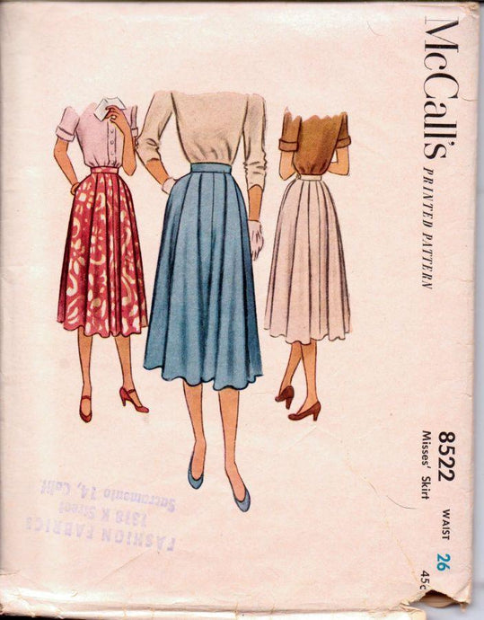 McCalls 8522 Vintage 1950's Sewing Pattern Ladies Pleated Skirt - VintageStitching - Vintage Sewing Patterns
